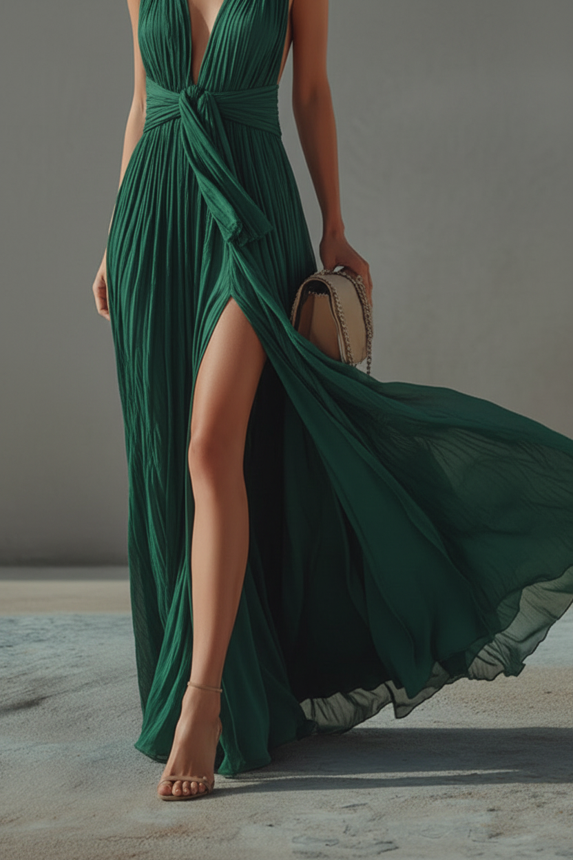 Women's Sky Blue Chiffon Dress With Halter Deep V-Neck & Ruched Waist, Timeless Boho-Glam Style Dress