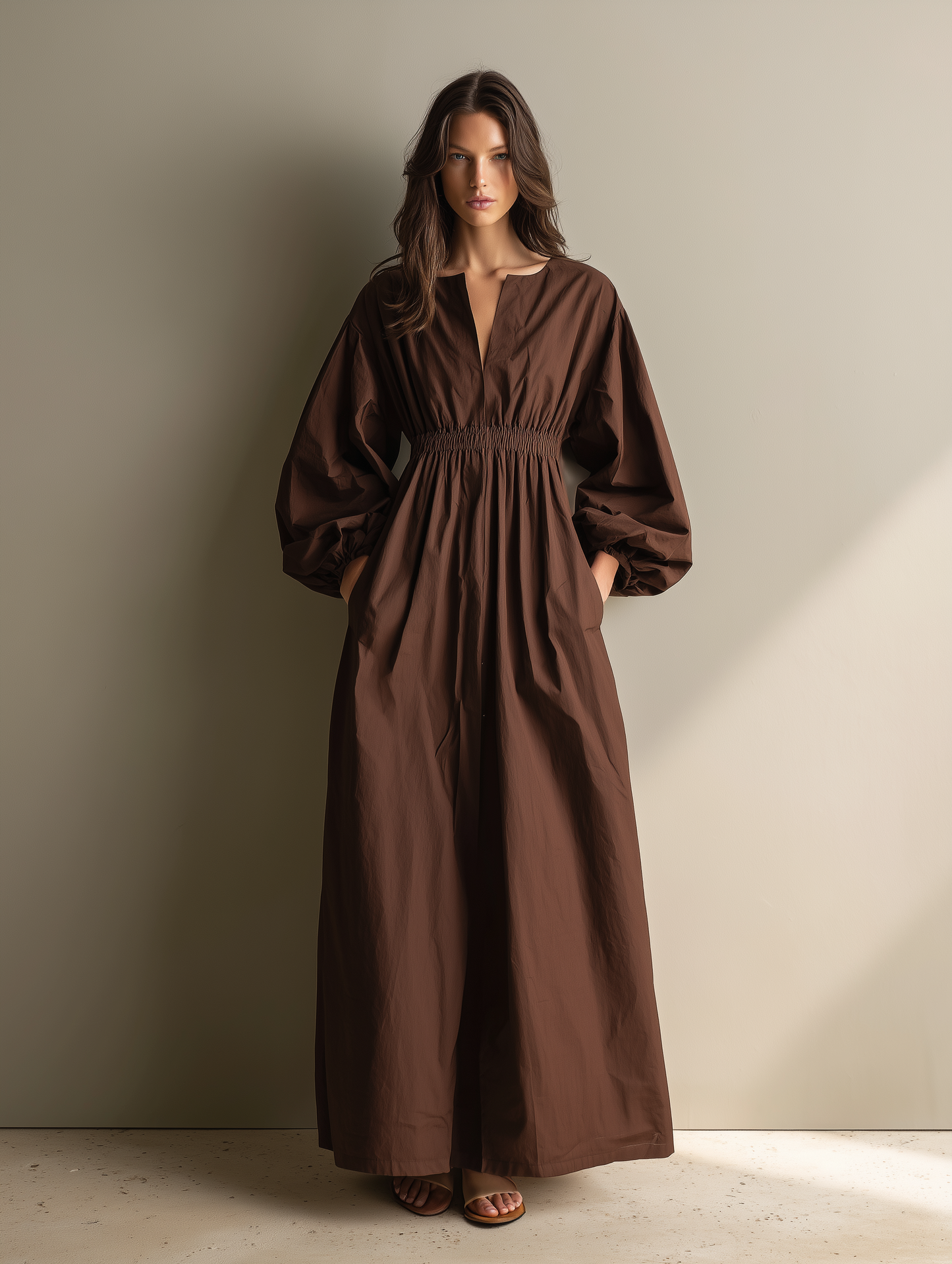 Women's Casual Brown Cotton And Linen V-neck Long-sleeved Maxi Dress With Elastic Waist