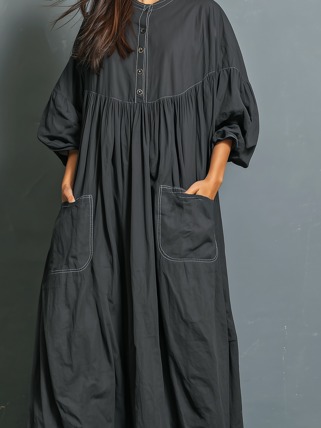 Women's Casual Dark Gray Woven Round Neck Mid-sleeve Loose Long Dress