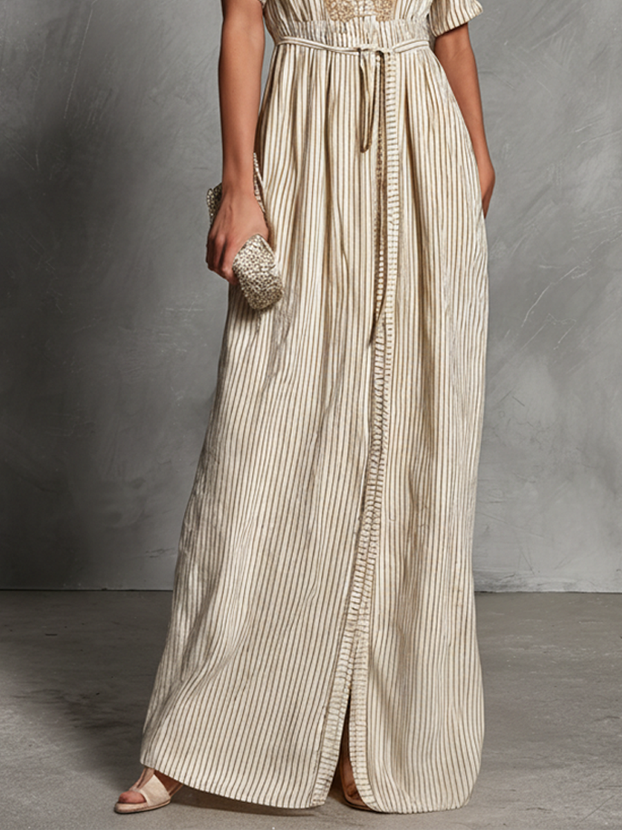 Women's Beige Striped Faux Two-Piece Short Sleeve V-Neck Maxi Dress