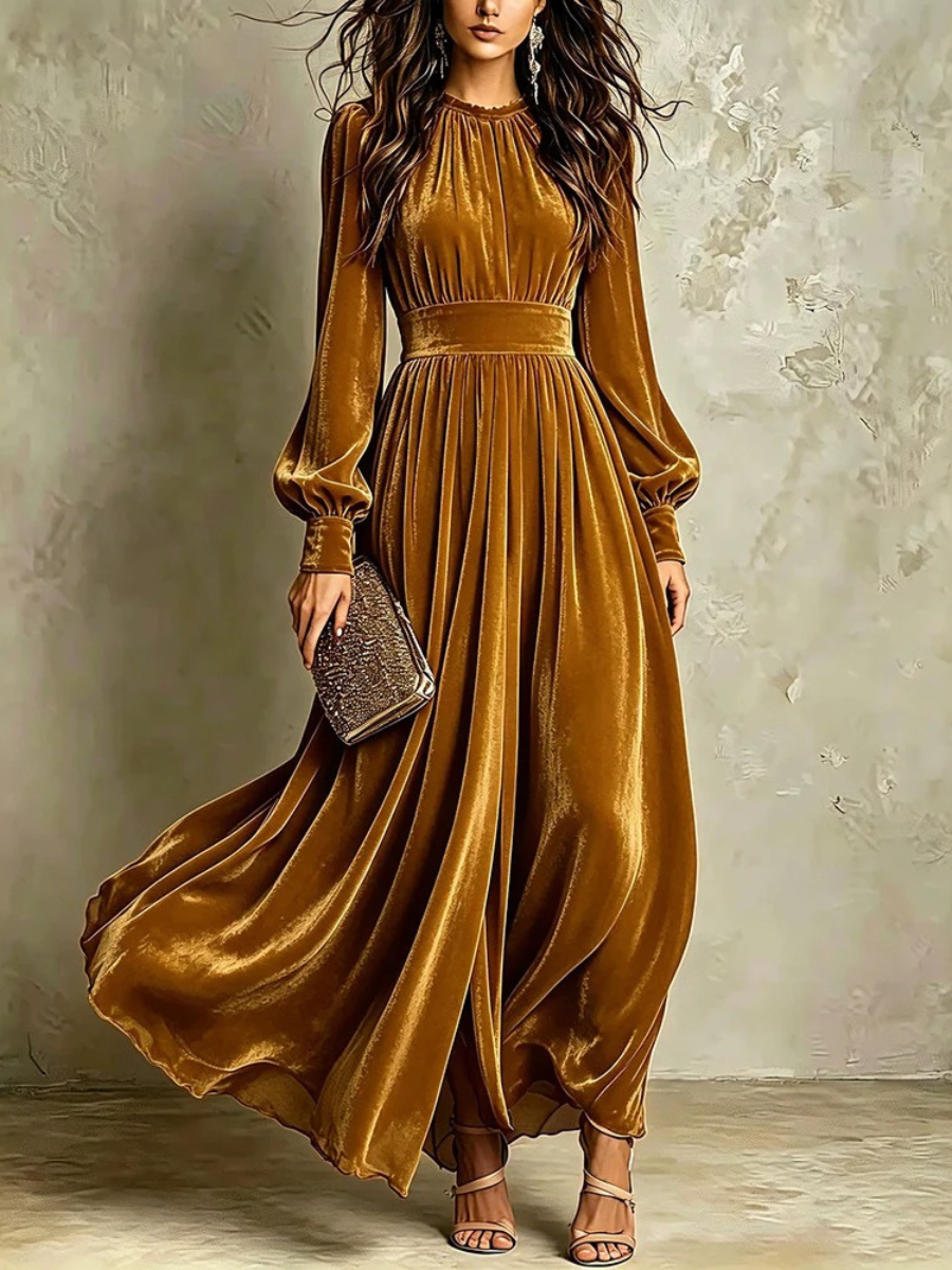 Elegantes Samt-Maxikleid mit langen Ärmeln für Damen