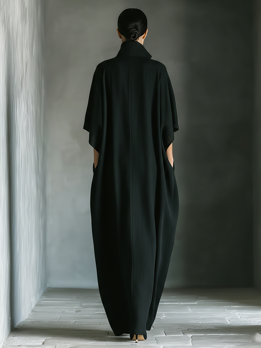 Women's Black Cotton Blend Fabric Oversized Kimono-Sleeve Maxi Dress With Pockets