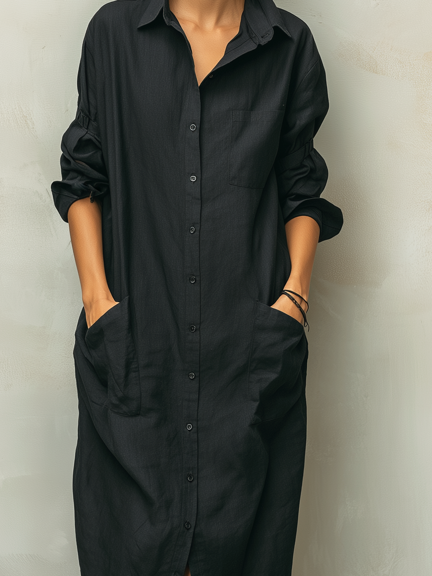 Vestido informal de mujer en mezcla de algodón y lino negros, con cuello de camisa y manga larga
