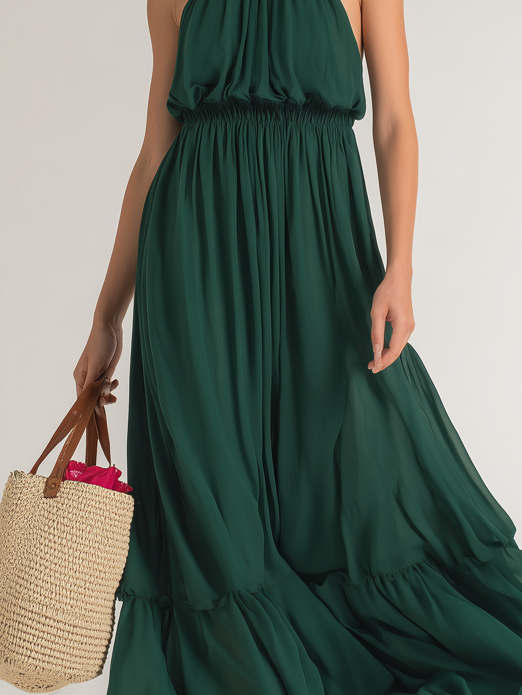 Women's Elegant Dark Green Chiffon Round Neck Sleeveless Long Dress