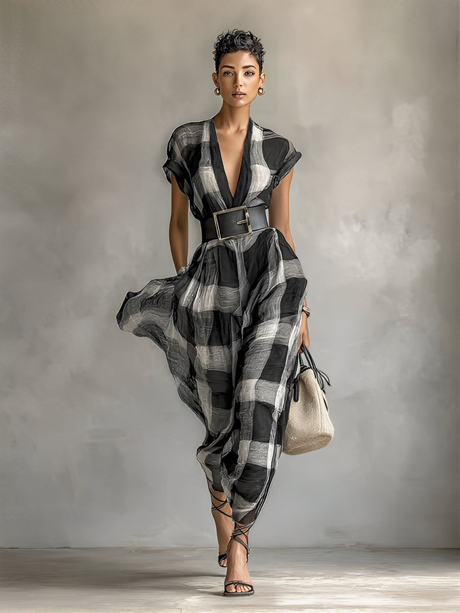 Women's Linen Blend Plaid V-neck Cap Sleeve Belt Maxi Dress