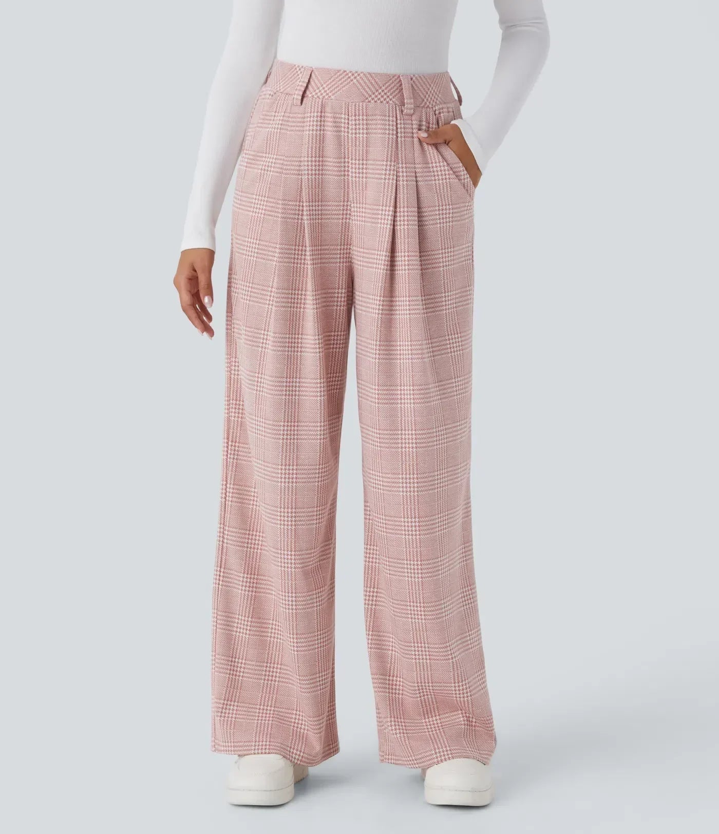 High Waisted Pocket Wide Leg Houndstooth Plaid Casual Pants