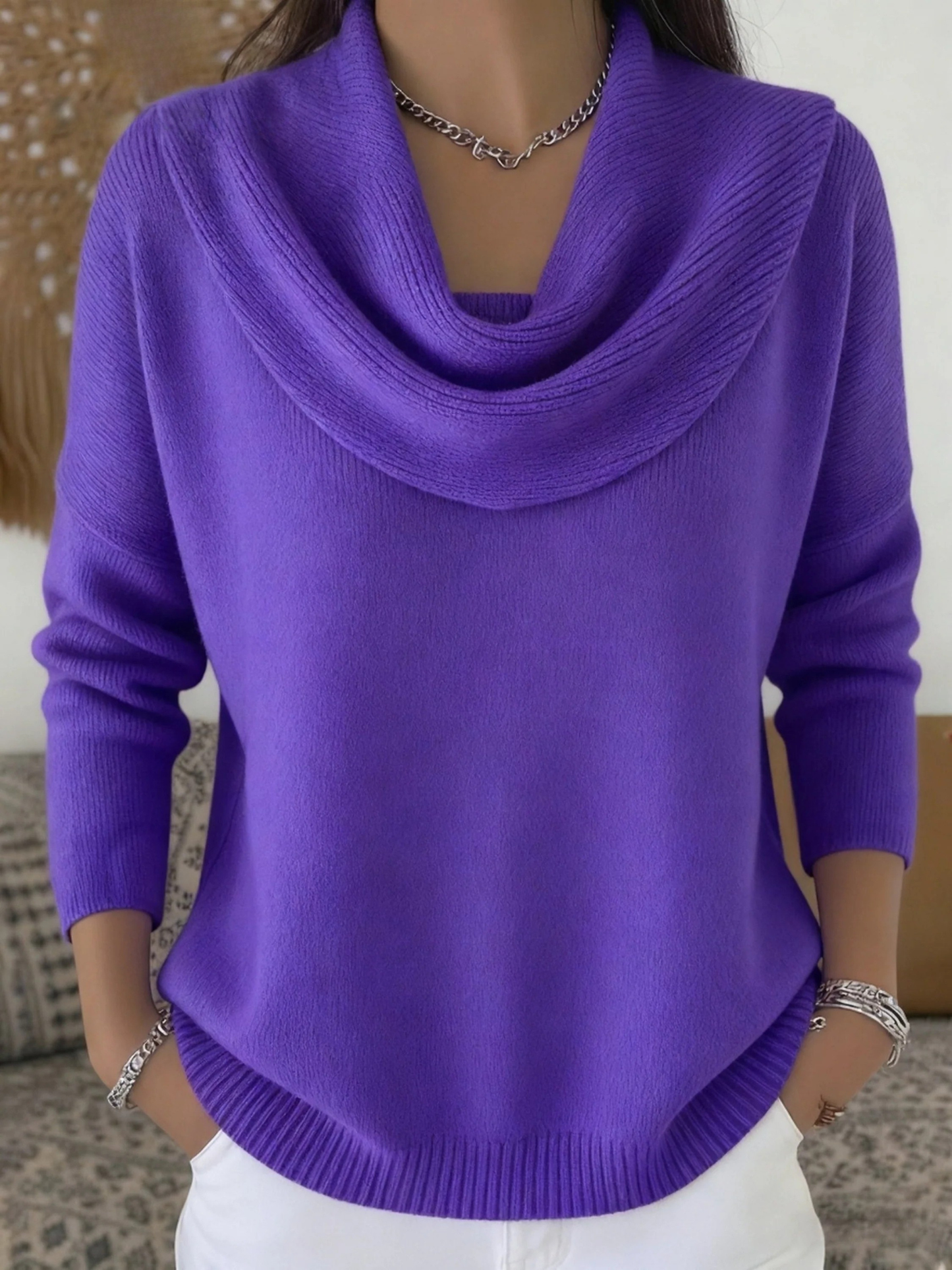 Women's Cowl Neck Knit Sweater Long Sleeve Merino Wool Jumper Pullover Tops