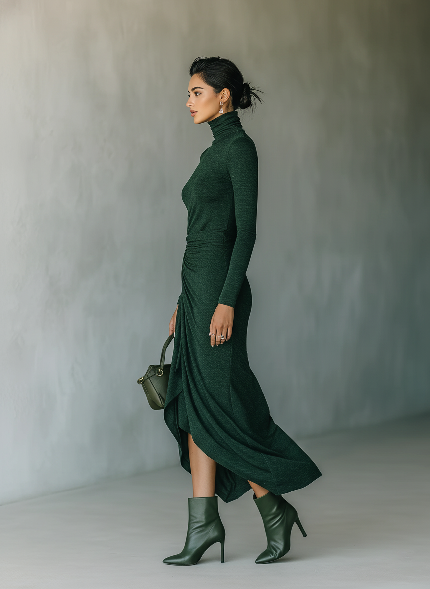 Women's Dark Green High-elastic Knitted High-neck Wrap Dress Midi Dress