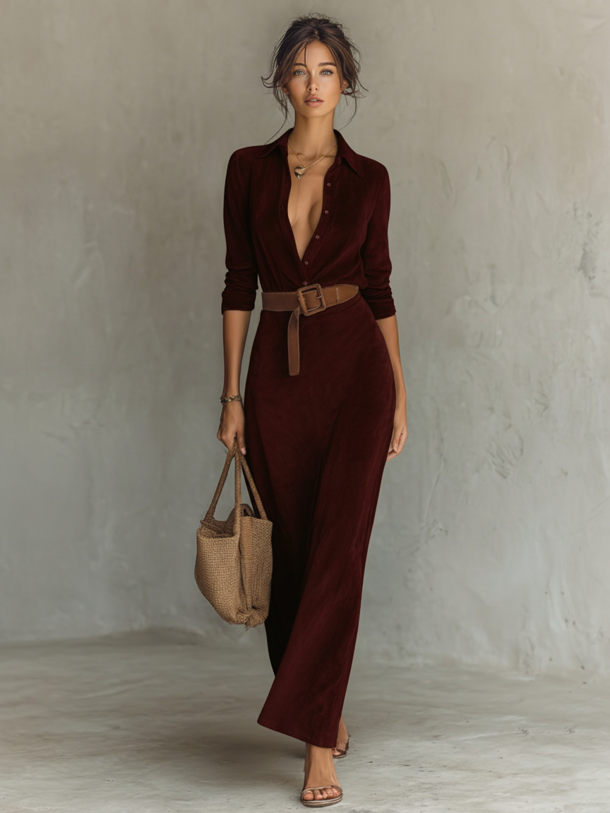 Women's Suede Single-breasted Lapel Belt Maxi Dress