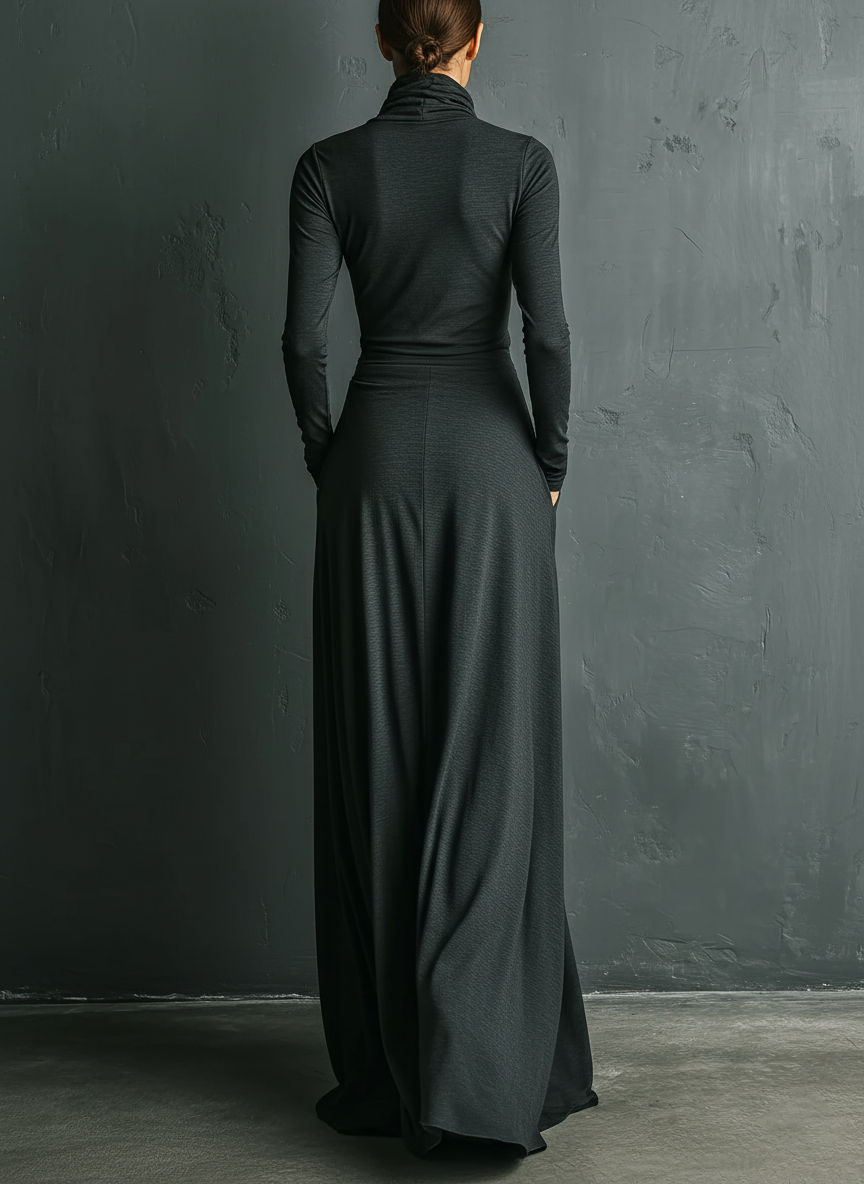 Vestido largo drapeado elegante de cuello alto para mujer, en color gris carbón, de mezcla elástica de poliéster y algodón