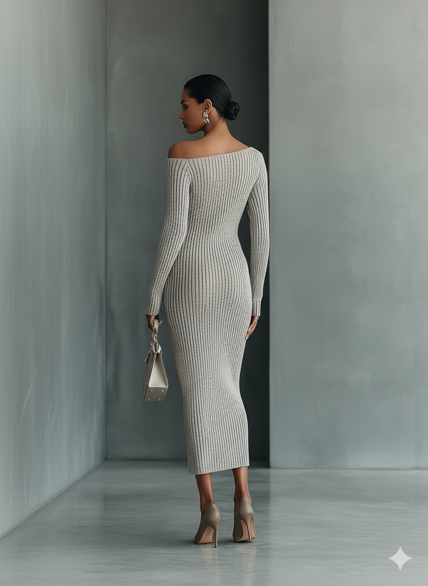 Women's Gray One-shoulder Knitted Dress