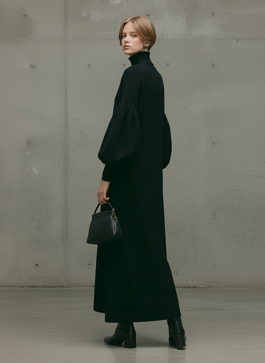 Women's Modern Black Turtleneck Puff-Sleeve Sweatshirt Maxi Dress