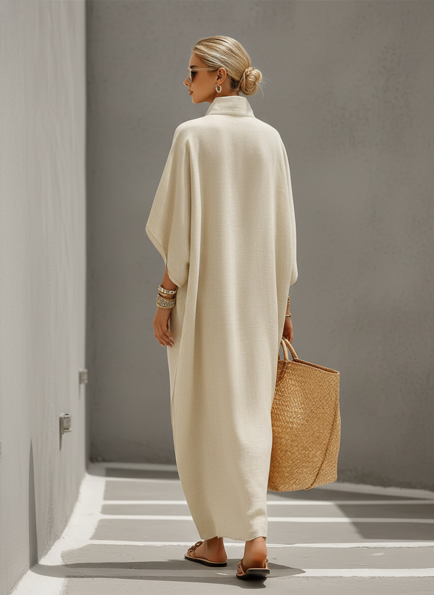 Women's Oatmeal Linen Dress With Mandarin Collar & Dolman Sleeves, Timeless Resort-Casual Style Dress