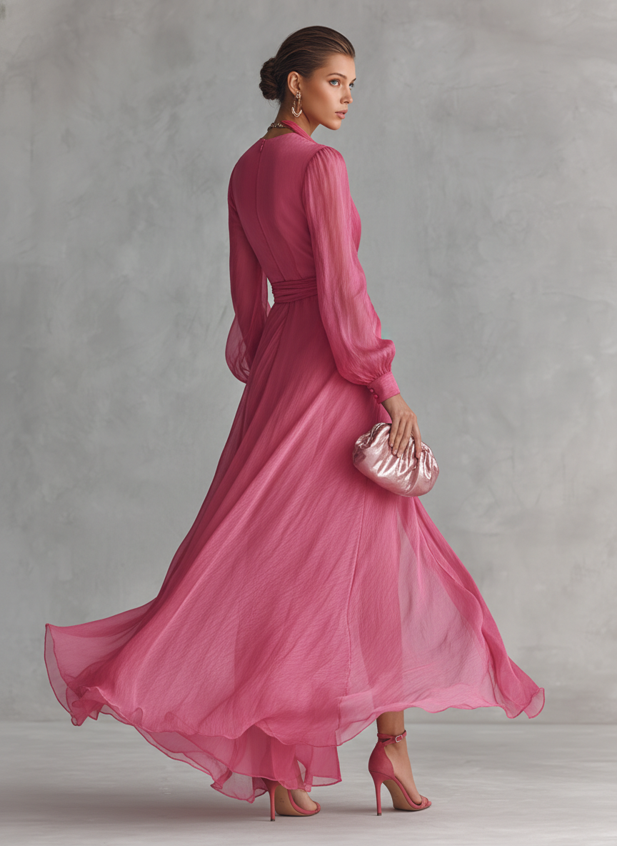 Women's Elegant Rose Pink Pearl Chiffon V-neck Tie-waist Long Dress