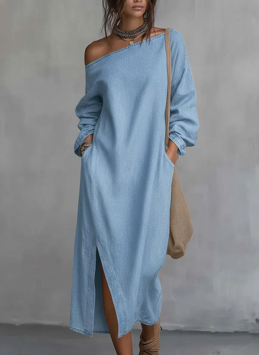 Loose-fitting One Shoulder Split Hem Cotton Linen Midi Dress