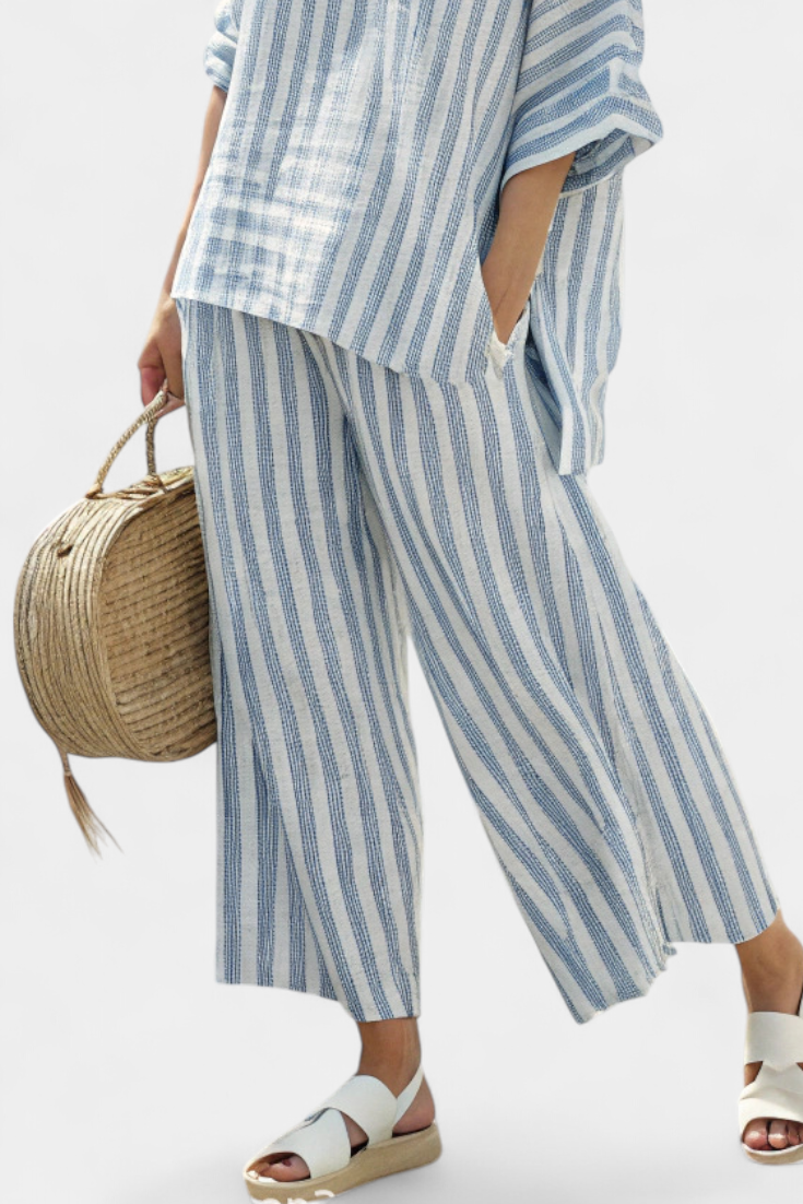Rensleigh | Top de lino azul sofisticado a rayas y pantalones holgados