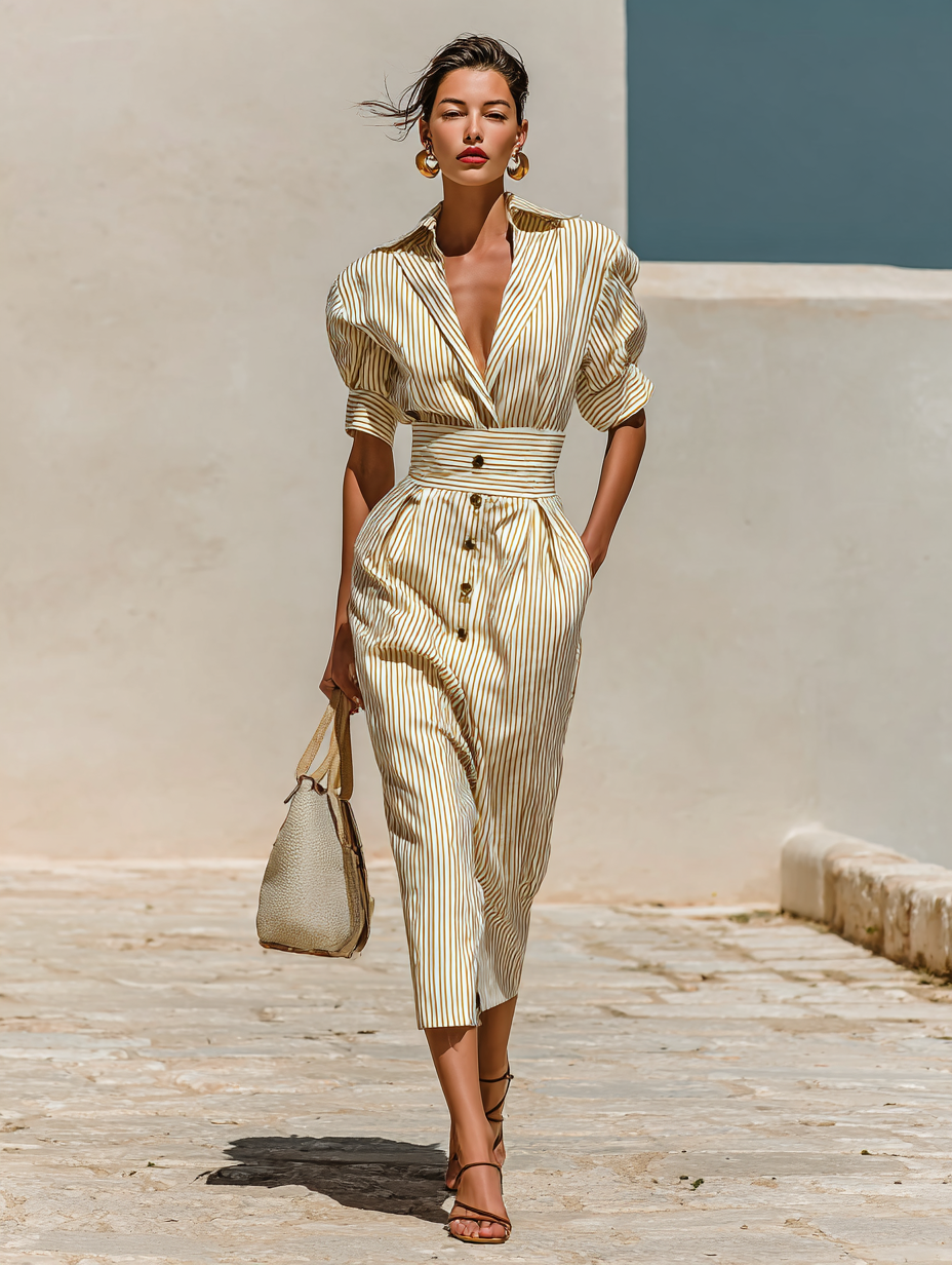 Women's Striped Lapel Short Sleeve Waist Midi Dress