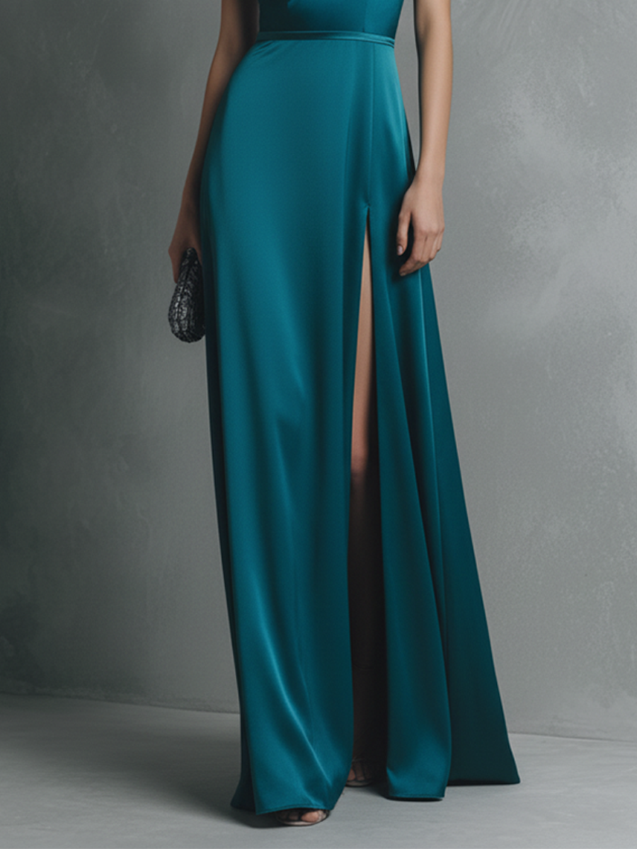 Vestido largo de satén elástico azul verdoso para mujer, transparente, sin espalda y con abertura alta en la pierna