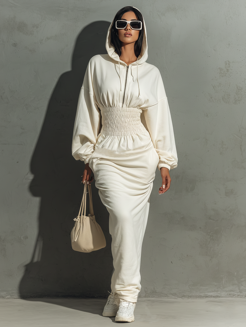 Women's Minimalist Waist Shirring Hooded Sweatshirt Maxi Dress