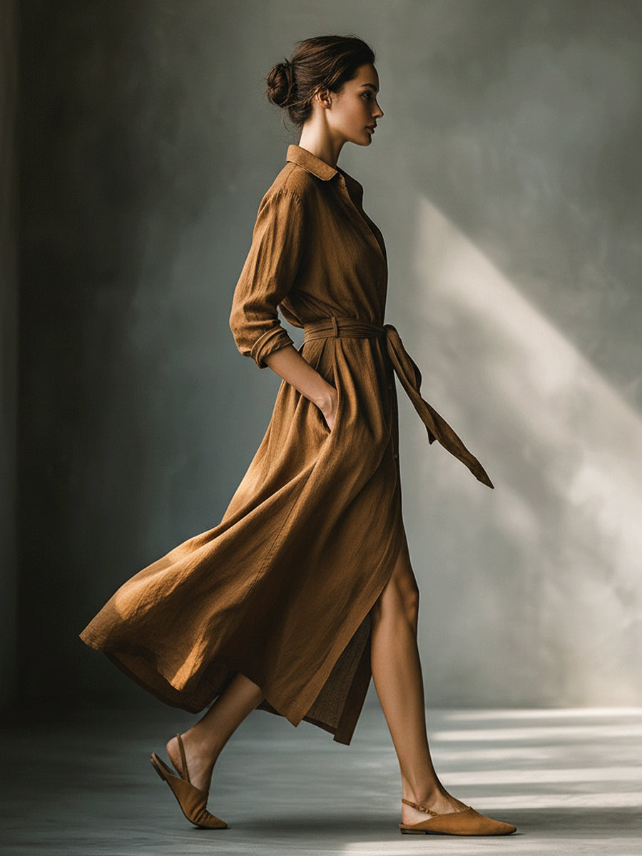 Women's Vintage Brown Blend Shirt Maxi Dress