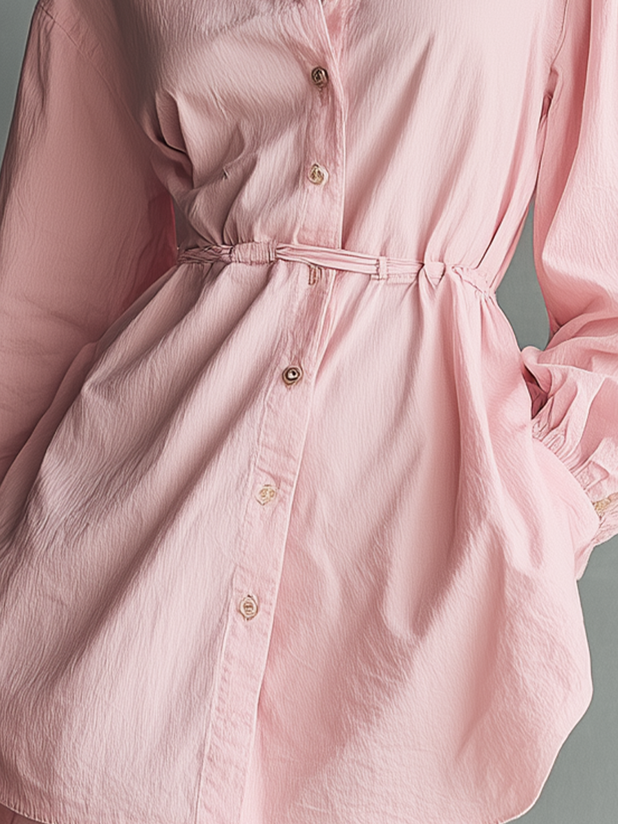 Women's Casual Pink Mini Dress With Collared Neckline & Balloon Sleeves
