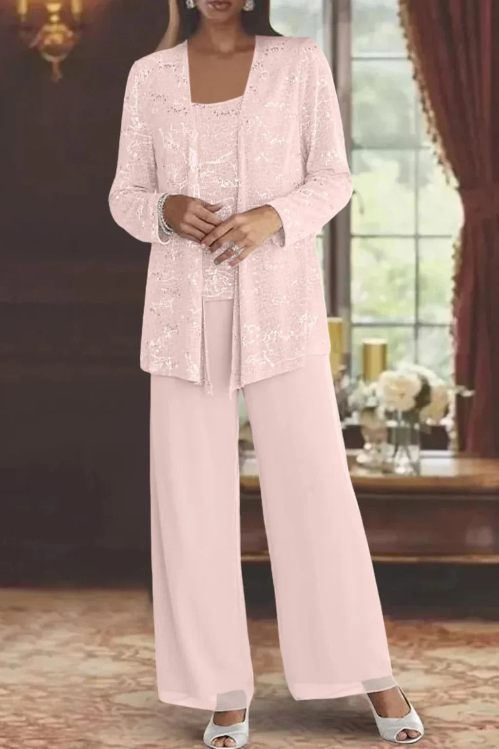 Evie | Conjunto de calça de três peças com lantejoulas e renda, perna larga, para convidadas de casamento