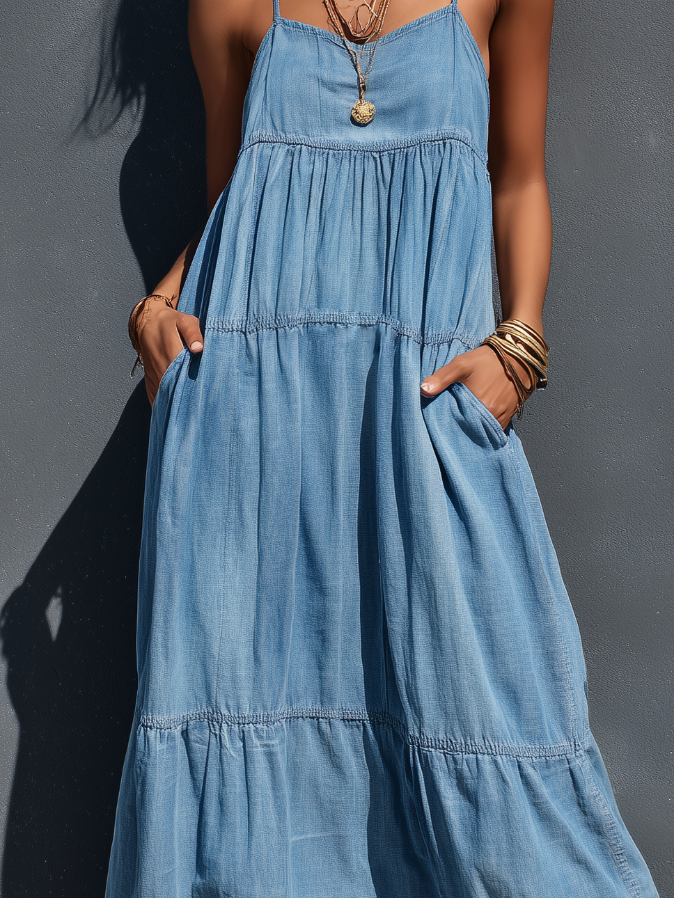 Women's Casual Blue Stretch Denim Loose-fitting Suspender Maxi Dress