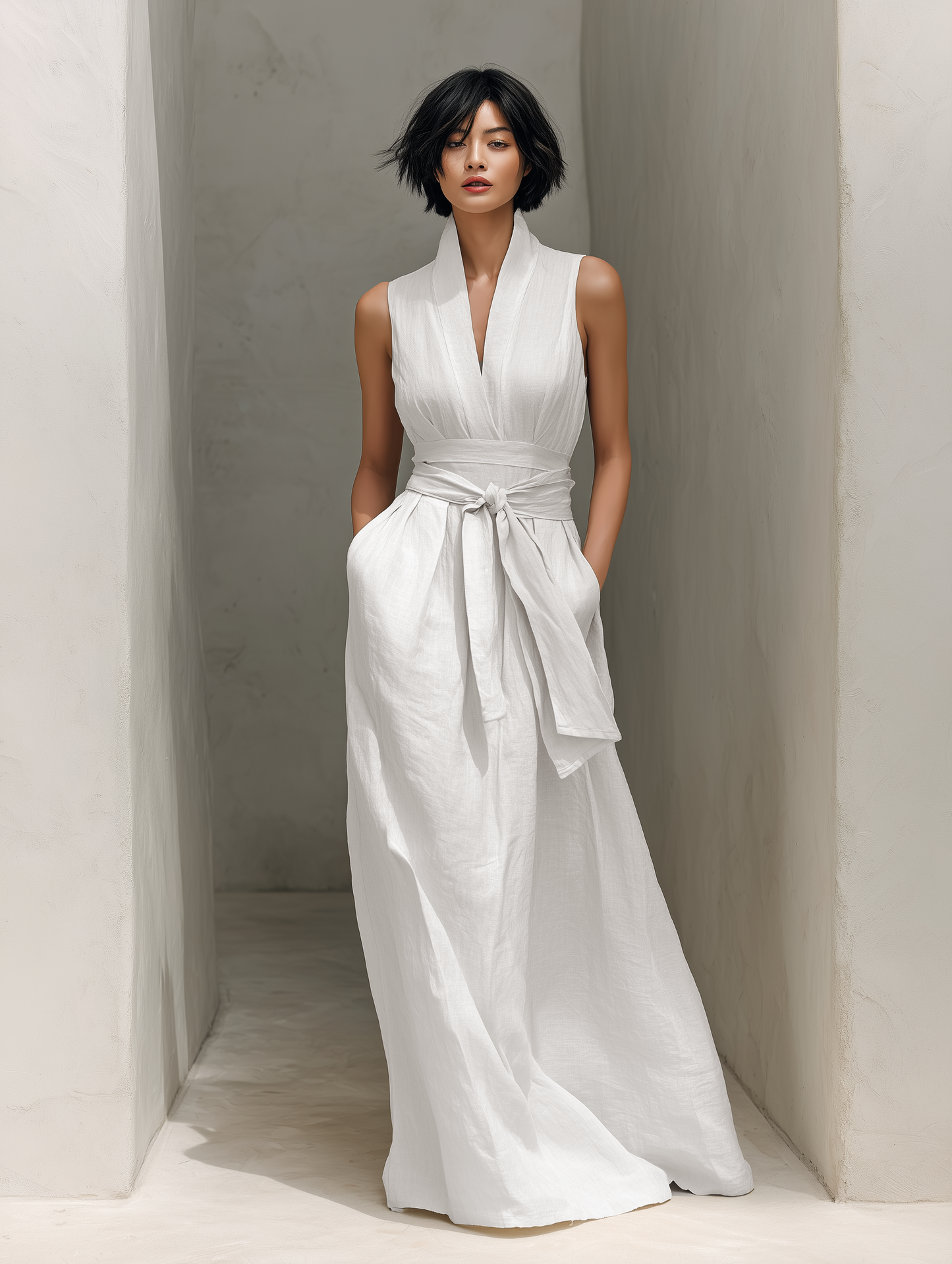 Women's Minimalist Cotton And Linen Blend V-neck Belted Sleeveless Maxi Dress