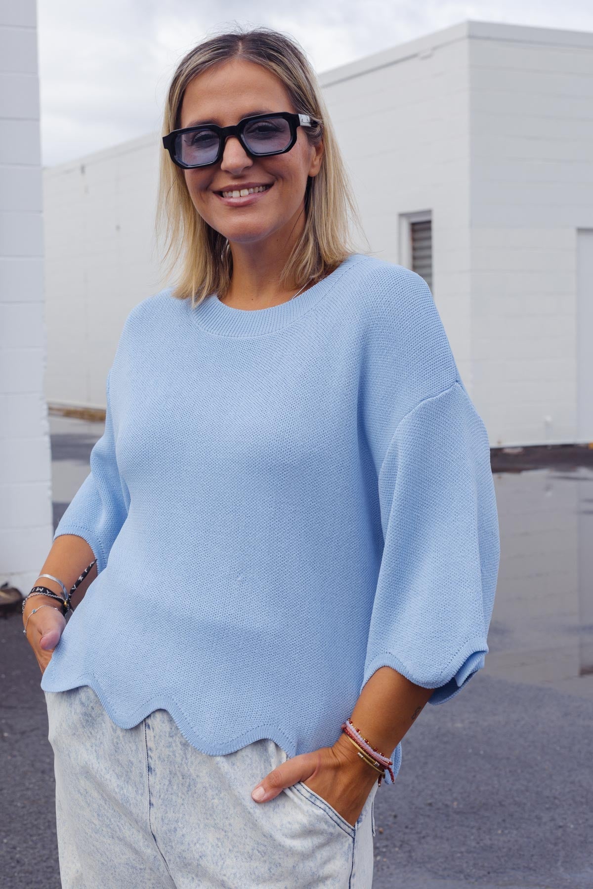 Lara Scalloped Knit - Sky Blue