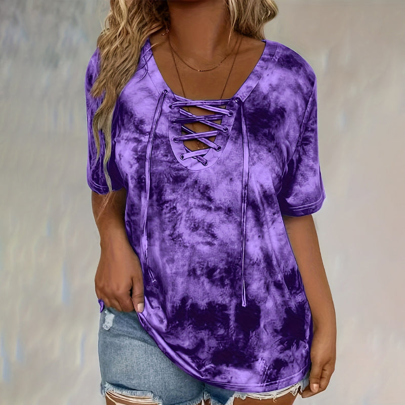 Stella | Tie-Dye Lace-Up V-Neck T-Shirt