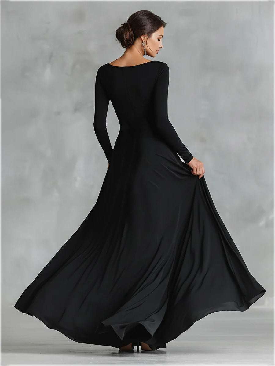 Women's Black Modern Crepe Ruched Boat - Neck Maxi Dress