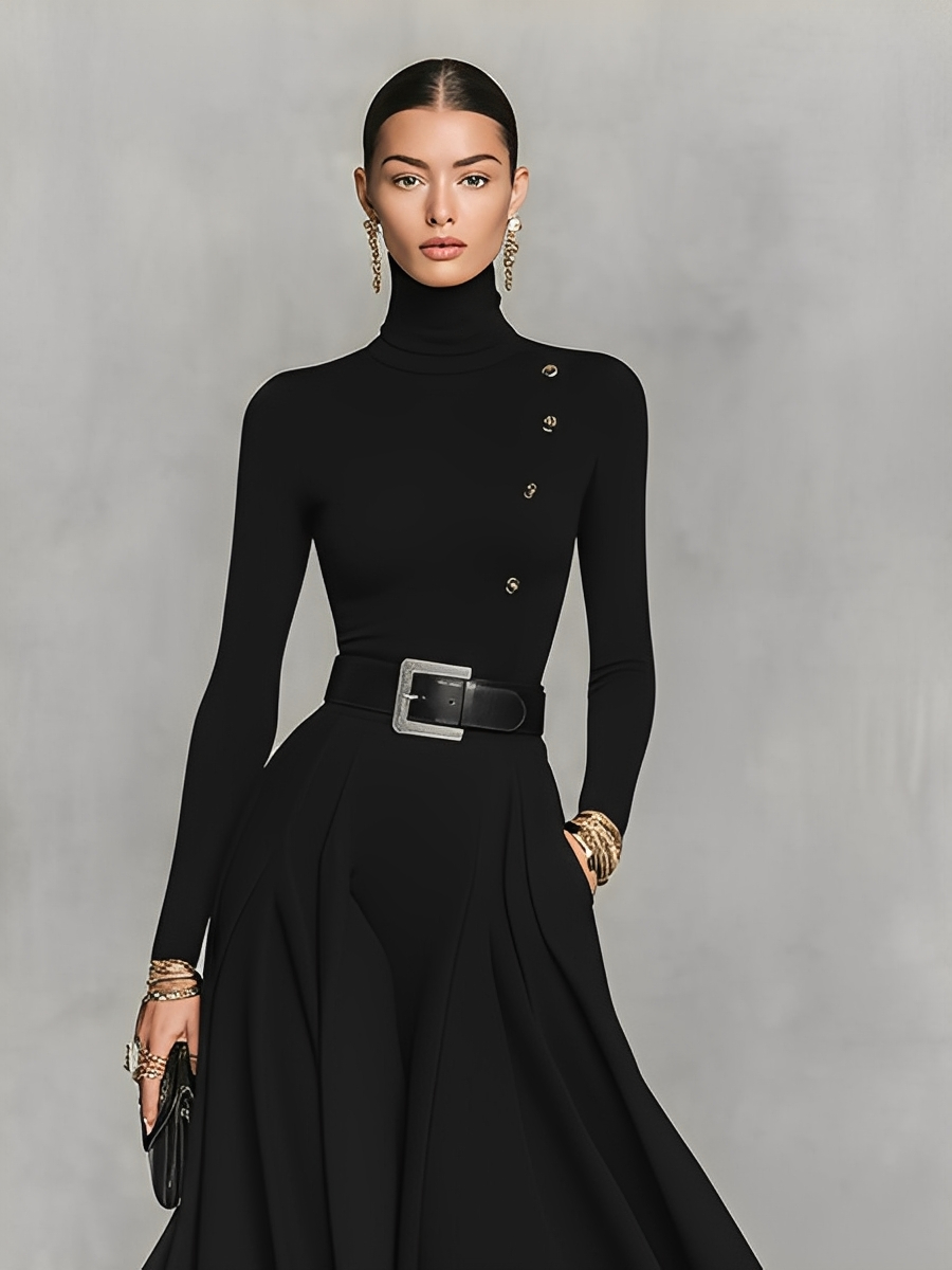 Vestido longo feminino preto de malha, elegante, com gola alta e detalhes de botões