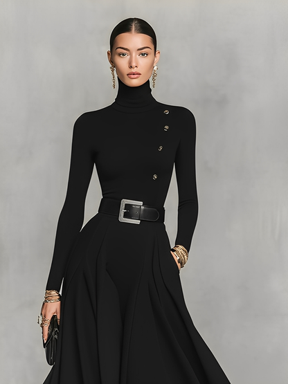 Vestido longo feminino preto de malha, elegante, com gola alta e detalhes de botões