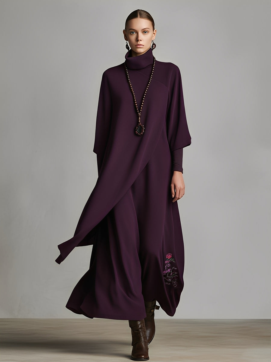 Vestido longo feminino elegante de malha de algodão com elastano, gola alta, drapeado, na cor ameixa, com bordado