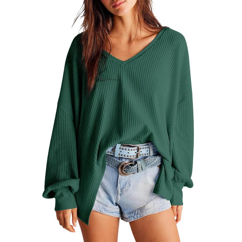 NORA™ - Blusa de punto waffle para mujer con cuello en V, manga farol y corte oversize