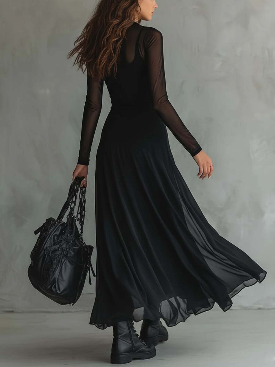 Retro maxi-kjole med transparente ærmer