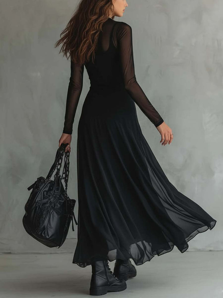 Retro maxi-kjole med transparente ærmer