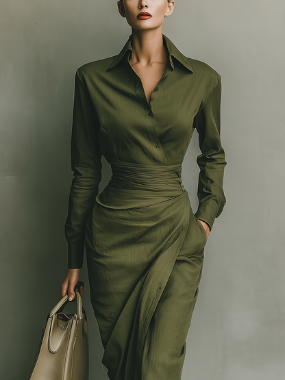 Vestido maxi feminino verde-oliva de algodão misto