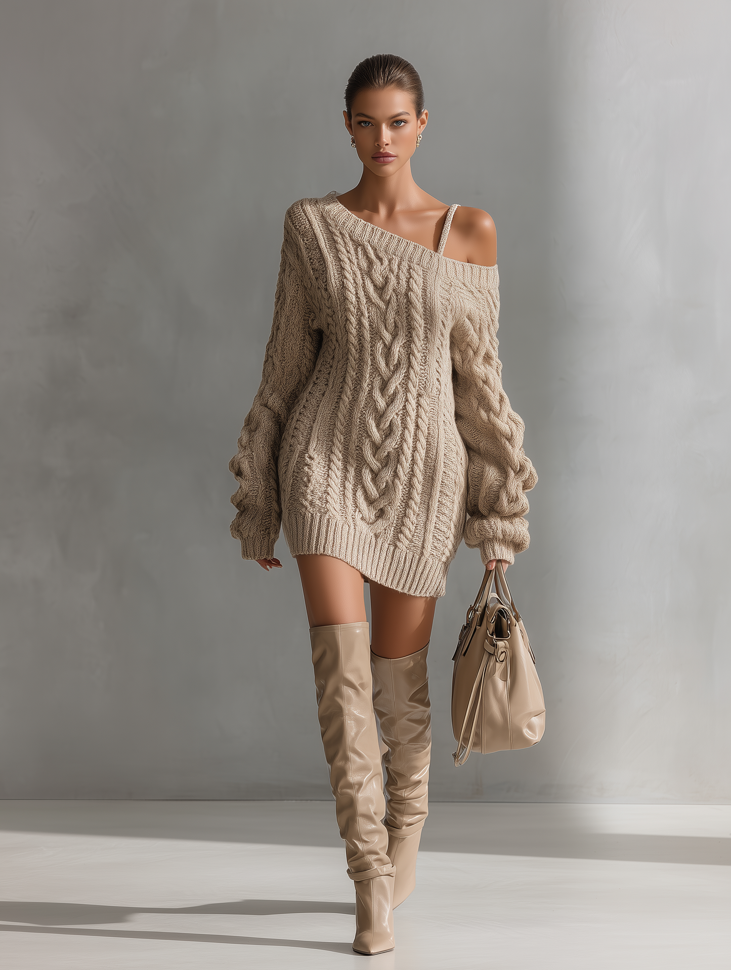 Minivestido de moda beige de punto trenzado para mujer, con hombros descubiertos