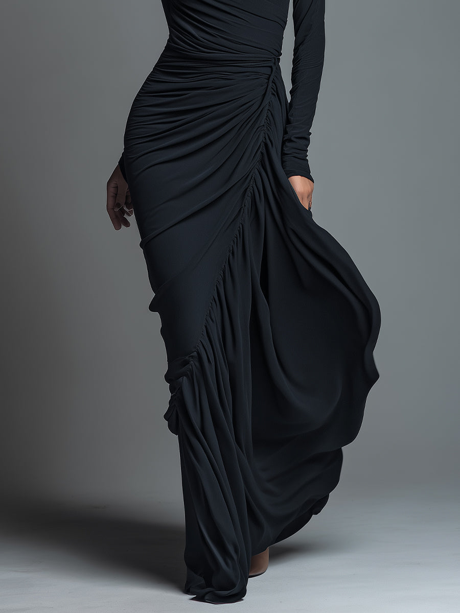 Vestido largo elegante negro de punto de jersey para mujer con fruncido