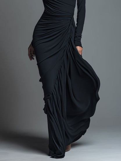 Vestido largo elegante negro de punto de jersey para mujer con fruncido
