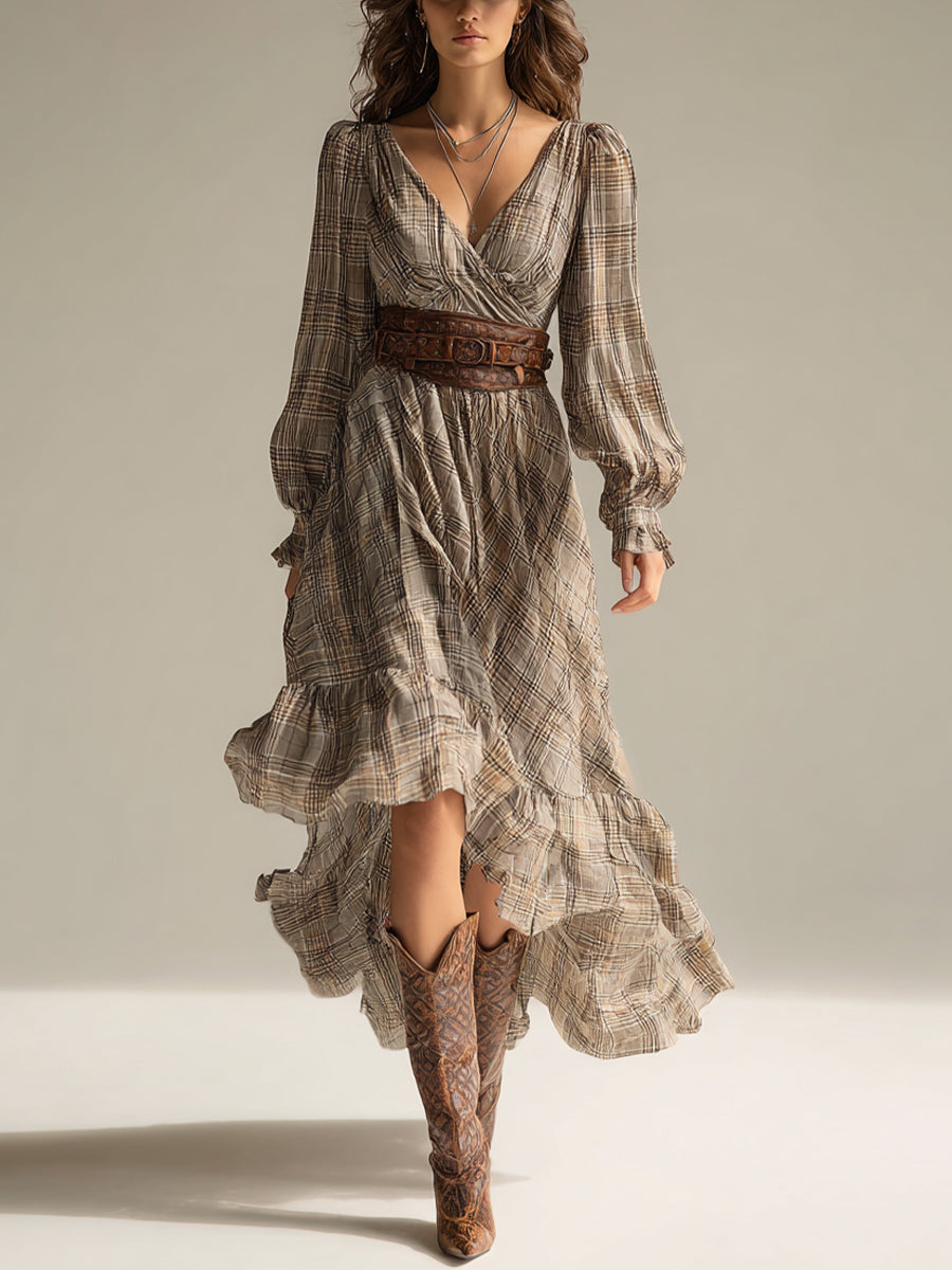 Beige ternet boheme-chiffon-midikjole med flæser til kvinder (uden bælte)