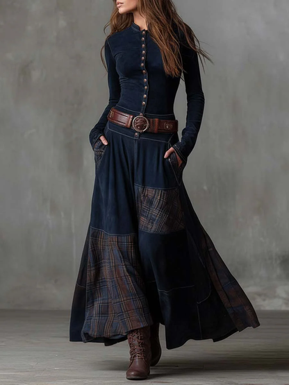 Vestido longo vintage de camurça azul-marinho com painéis xadrez (com cinto)
