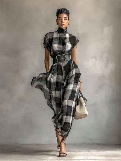 Vestido longo feminino xadrez de mistura de algodão, com gola alta, mangas curtas e cinto