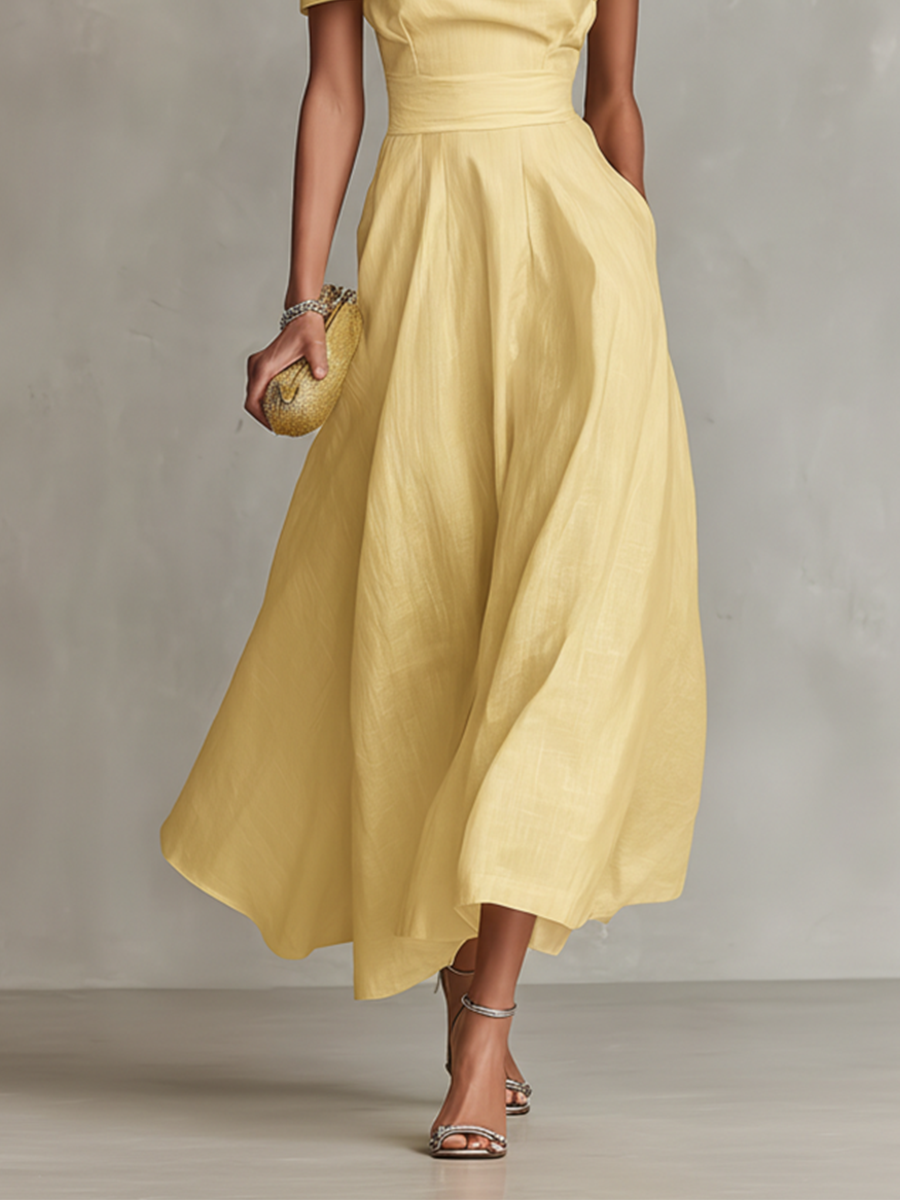 Gelbes Damen-Leinenkleid mit One-Shoulder-Ausschnitt und taillierter Passform, zeitlos eleganter Chic-Stil