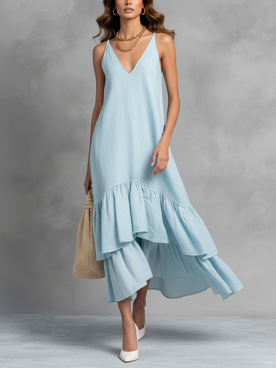 Women's Light Blue Cotton Linen Sleeveless V-Neck Ruffle Hem Maxi Dress