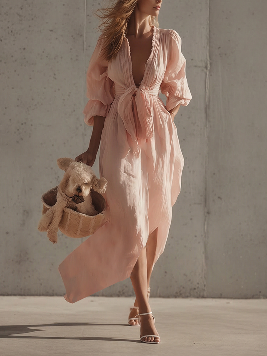 Women's Blush Cotton Dress With Puffed Sleeves & Self-Tie Waist, Timeless Boho-Romantic Style Dress