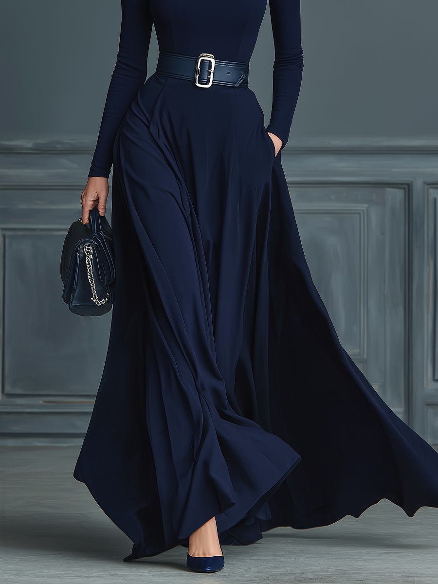 Vestido feminino azul-marinho de tricô com gola alta
