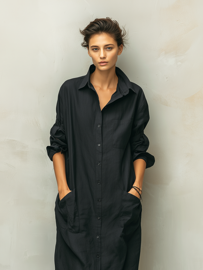 Vestido informal de mujer en mezcla de algodón y lino negros, con cuello de camisa y manga larga