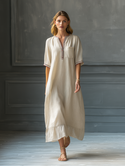 Vestido largo de lino y algodón beige para mujer, con ribete en contraste, escote en V y bajo con volantes